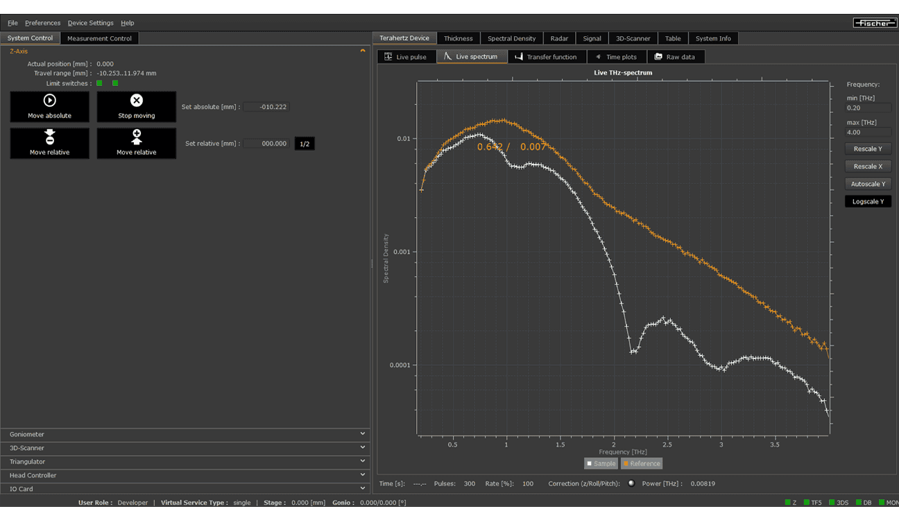The software determines a high-resolution frequency spectrum from the raw data stream, from which it calculates the coating thicknesses and evaluates the material properties.