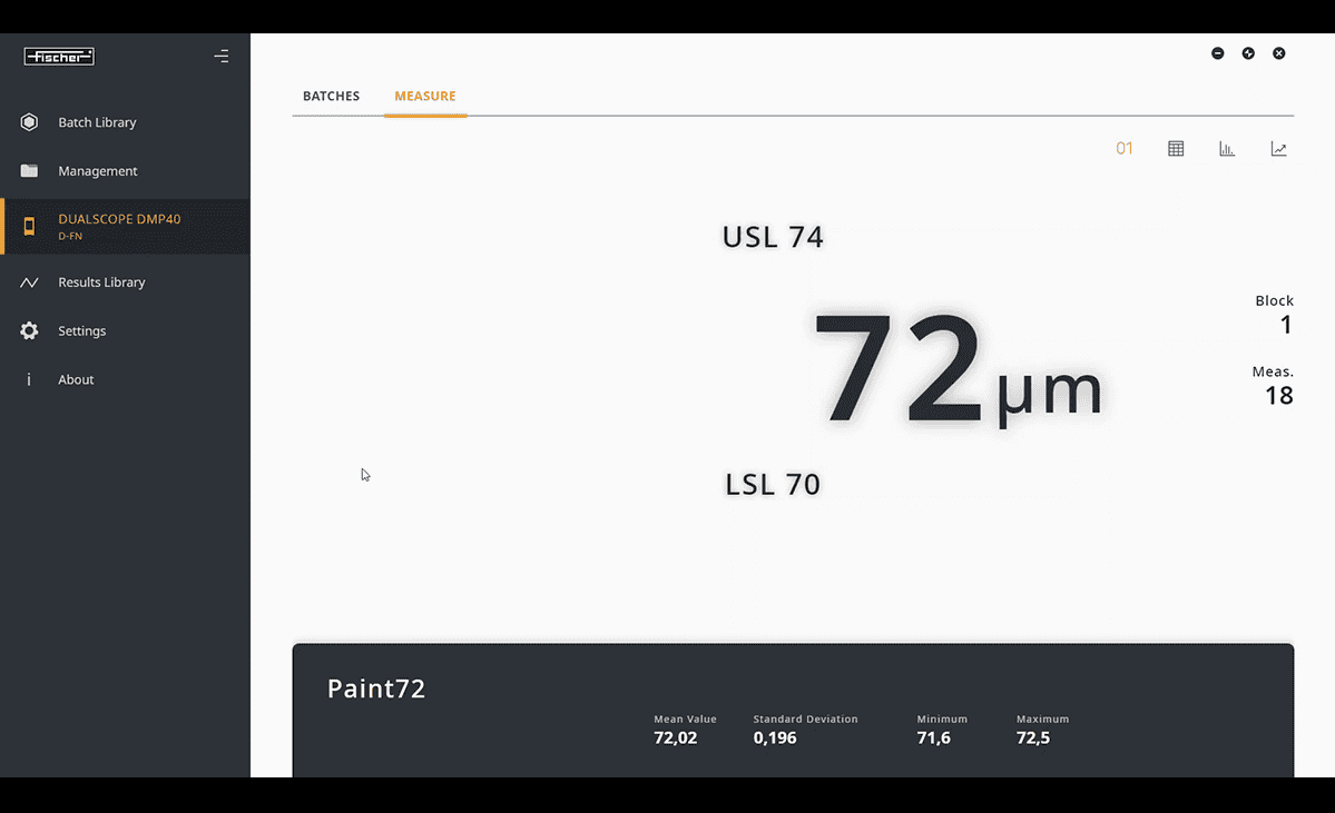 If your DMP® device is connected to the FISIQ® T, the measured values are also displayed on the monitor and transmitted in real time. The upper and lower tolerance limits can be adjusted.